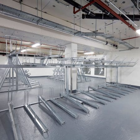 Two Tier Cycle Racks installed in an underground carpark bike storage facility