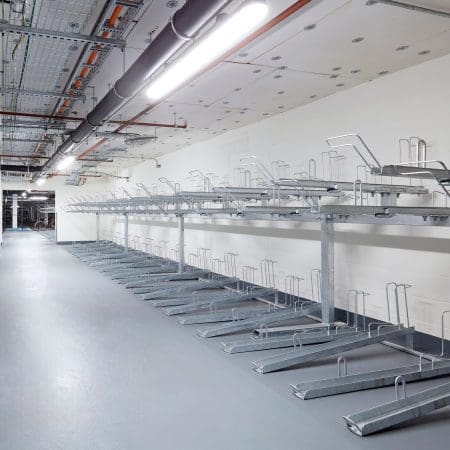 Two Tier Cycle Racks installed in an underground carpark bike storage facility