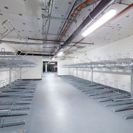 Two Tier Cycle Racks installed in an underground carpark bike storage facility