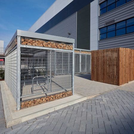 Close up of the Habitat Panel Shelter installed externally in a commercial setting