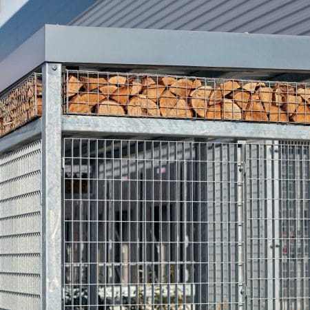 Close up of the habitat panel shelter with mesh cladding installed in an commercial setting