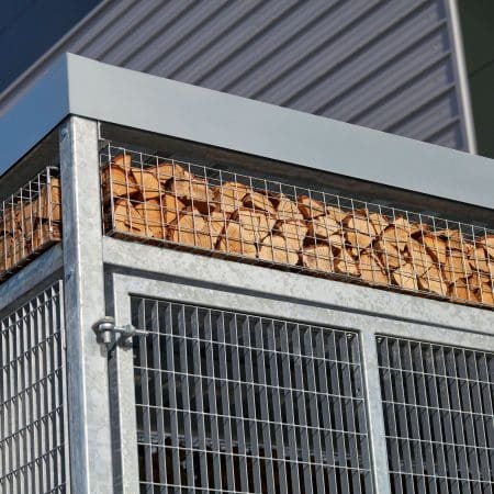 Close up of the habitat panel shelter with mesh cladding installed in an commercial setting