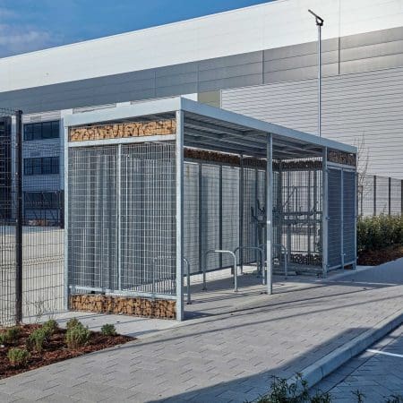 Close up of the Habitat Panel Shelter installed externally in a commercial setting
